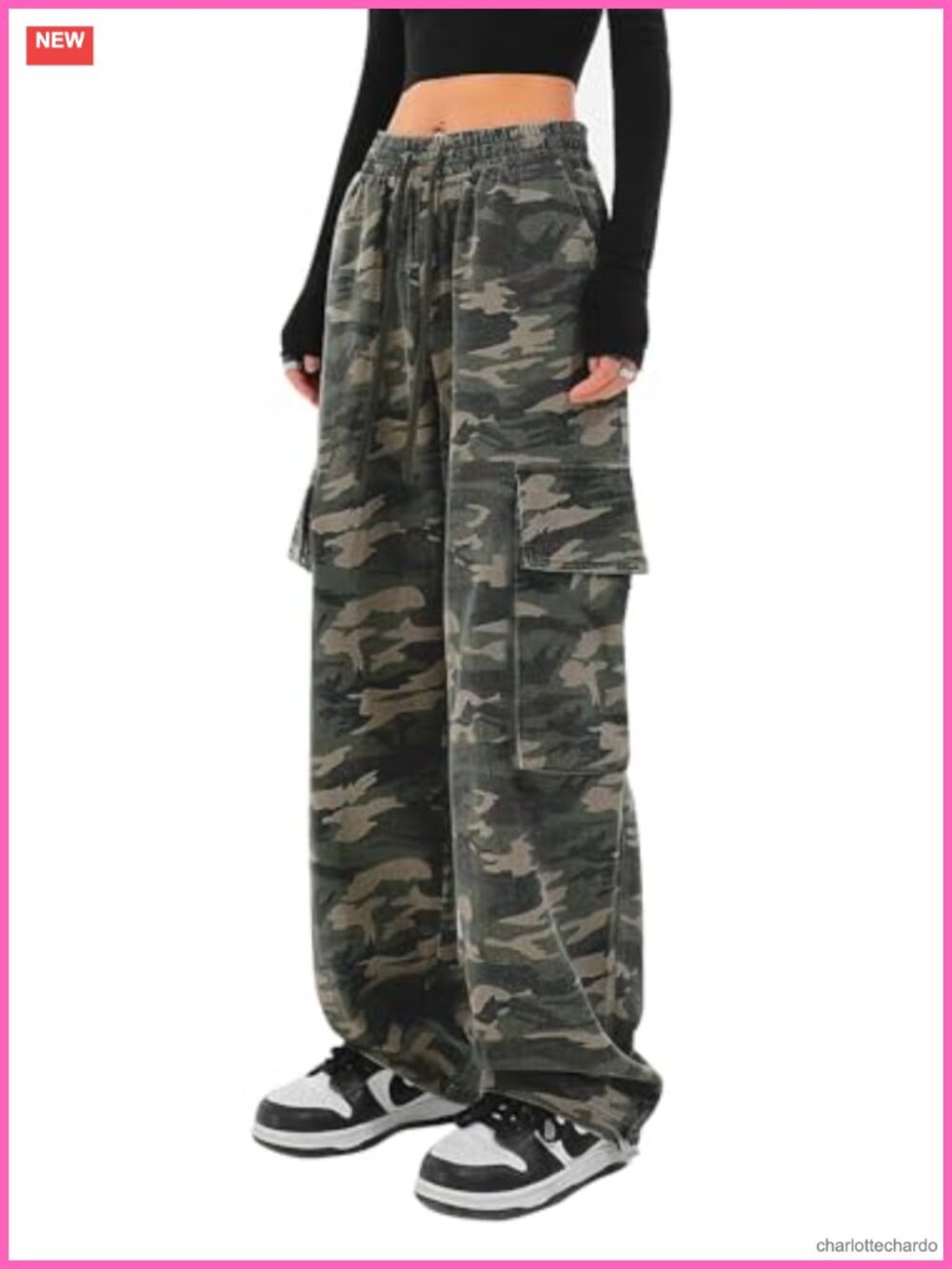 Baggy Wide Leg Cargo Pants Women Y2K Drawstring Elastic Waist 6 Pockets Cotton